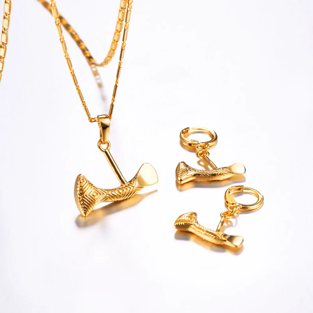 

Jewelry Set Stone Ax Pendant Necklaces and Earrings for Women with Chain Gold Color Papua New Guinea Axe Birthday Jewlery Gifts