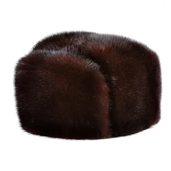 LUXURY 2023 Winter Man Top Real Mink Fur Bomber Hat Male Genuine Marten Head Warm Black/Brown Caps Best Gift For Dad Gorras