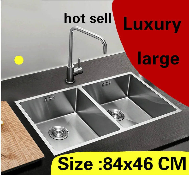 

Free shipping Apartment big kitchen manual sink double groove luxury do the dishes 304 stainless steel hot sell 840x460 MM