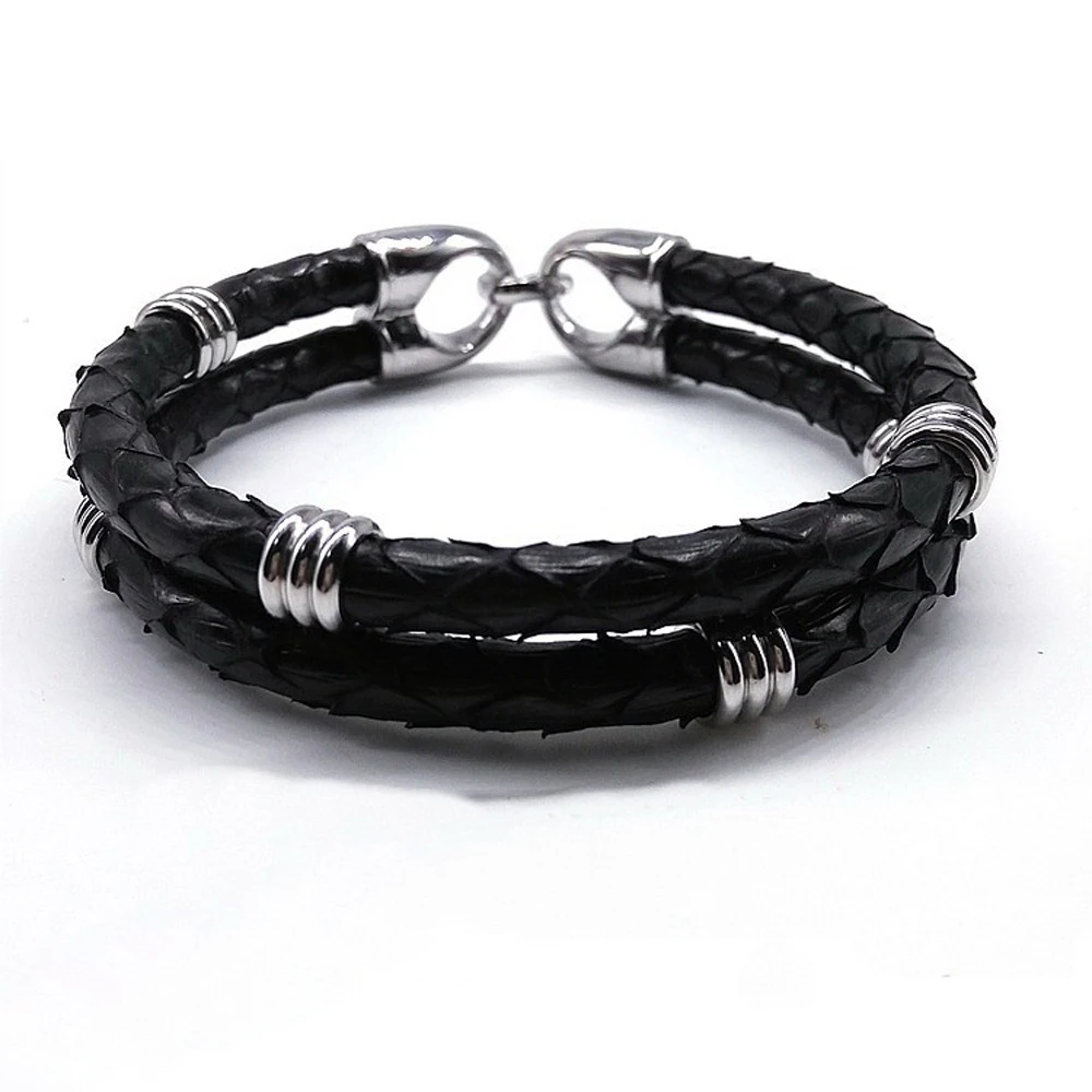 Mens Black Python Skin Leather Bracelets Real Python Skin Leather With Steel Buckle Bracelet With Beads Bracelet