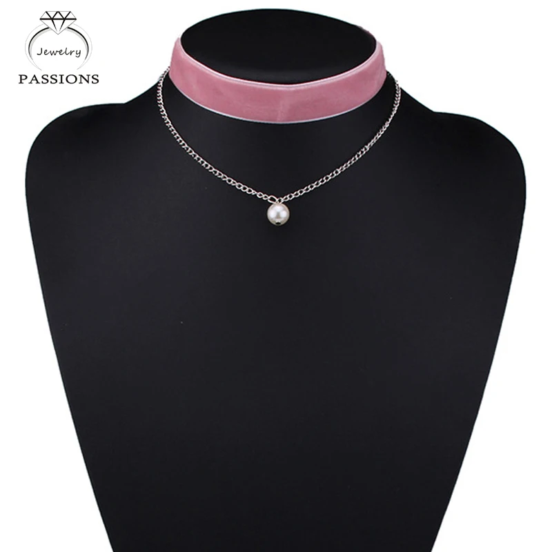 PASSIONS Fashion Jewelry Pearl Pendent Choker Necklace Double Layers Colorful Short Choker Ribbon Necklace For Women&Girl