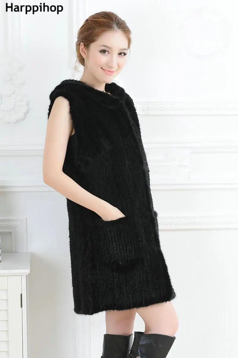 Women Real Knitted Mink Fur Vest With Belt Long Design Genuine Fur Coat With Hood Cape Jacket Mink Overcoat winter 2017 New