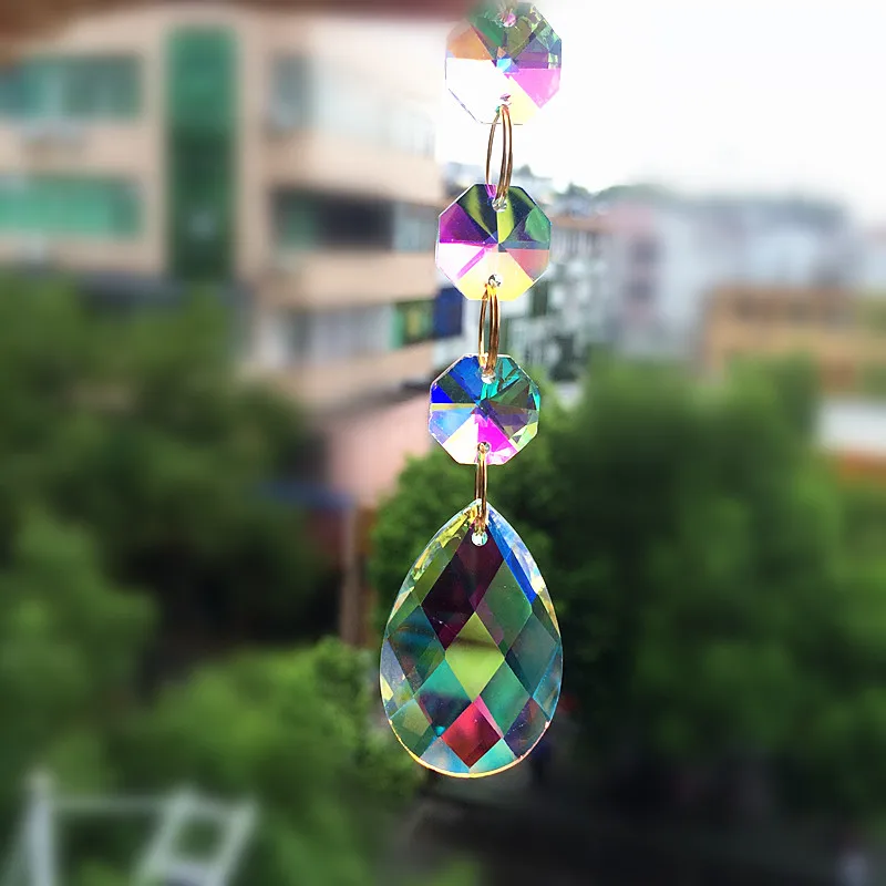 10pcs Crystal AB Color Octagon Beads With AB Faceted Pendants Marquise Glass Crystal Prisms Suncatcher Chandeliers Parts