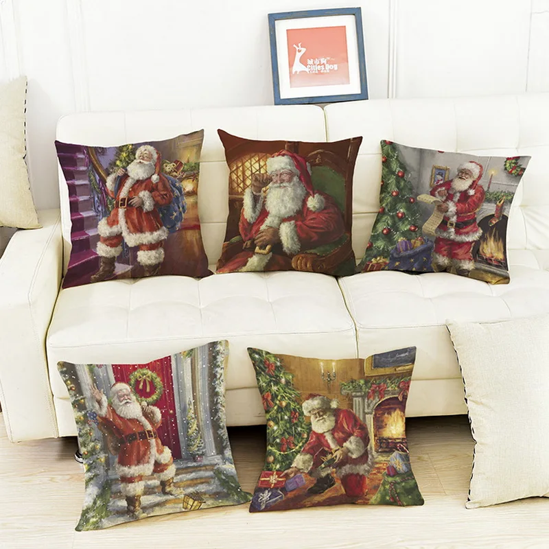 Nova pintura a óleo santa pano linho impressão almofada casa decorativa fronha 45x45cm presente de natal fronha travesseiro