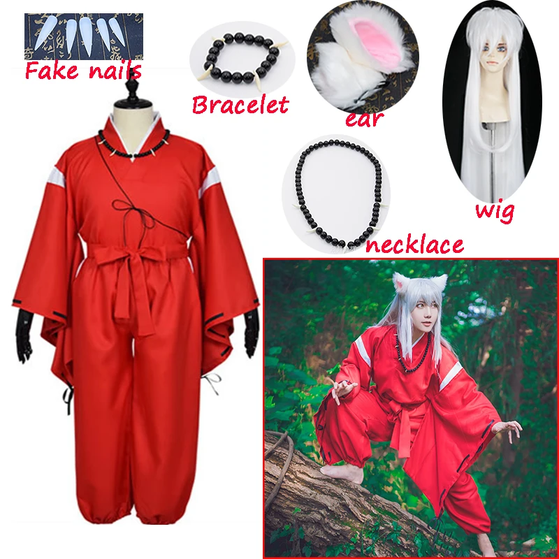 

Anime Inuyasha Cosplay Costumes Red Japanese Kimono Men Robe Costume W Wigs Ears And Necklace For Halloween Party men and women