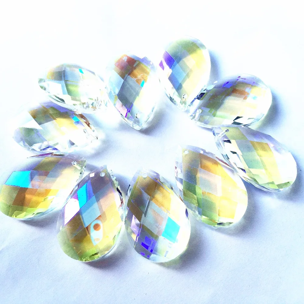 50pcs/lot 38*22mm Rainbow Crystal Glass Gorgeous Faceted Pendants(Free Rings) For Wedding & Christmas Tree Hanging Decoration