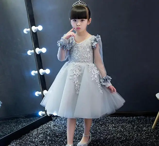 

2017 New Arrival Silver Chiffon Flower Princess Girl Dress Baptism Party Wedding Birthday Gown Kids tutu Dresses 1-12Y