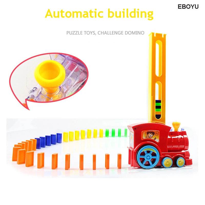 EBOYU Domino ของเล่นรถไฟรถรถบรรทุกรถอัตโนมัติอาคาร Domino Train กับไฟและดนตรีของขวัญของเล่นสำหรับเด็ก-60Pcs