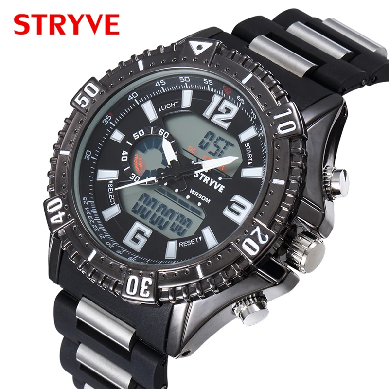 STRYVE S8004 Fashion Resin Strap Quartz Watch Large Dial Dual Display Waterproof Calendar Week Men\'s Sports Watch