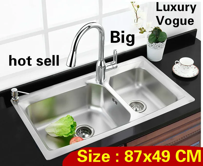 

Free shipping Home vogue wash vegetables kitchen double groove sink 304 stainless steel luxury big hot sell 870x490 MM