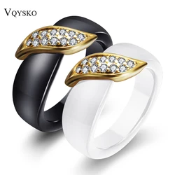 Fashion Jewelry Black/White Women Ring With AAA Crystal Gold Color Leaf Ceramic Rings For Women Wedding Ring Gift