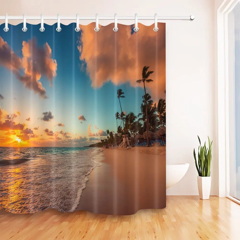 Ocean Theme Sunset Shower Curtains for Bathroom Cloud Sea Waves Sand Beach Waterproof Fabric Bath Decor