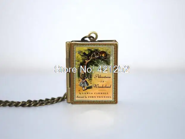 Lewis Carroll Alice in Wonderland Book Cover Locket Necklace keyring silver & Bronze tone image 2