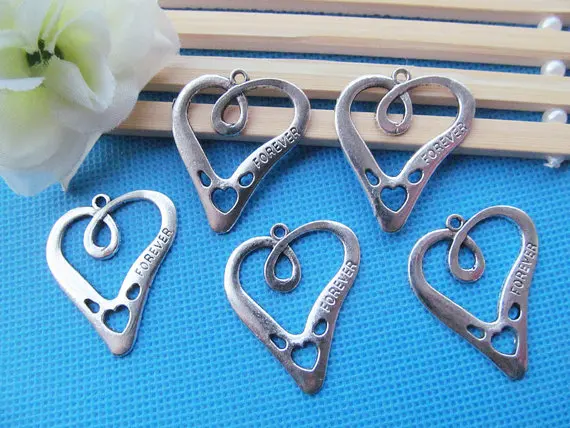 80pcs Antique Silver Filigree Hollow Heart Frame,Embedded Heart FOREVER,Connector Pendant Charm/Finding,DIY Jewelry Accessory