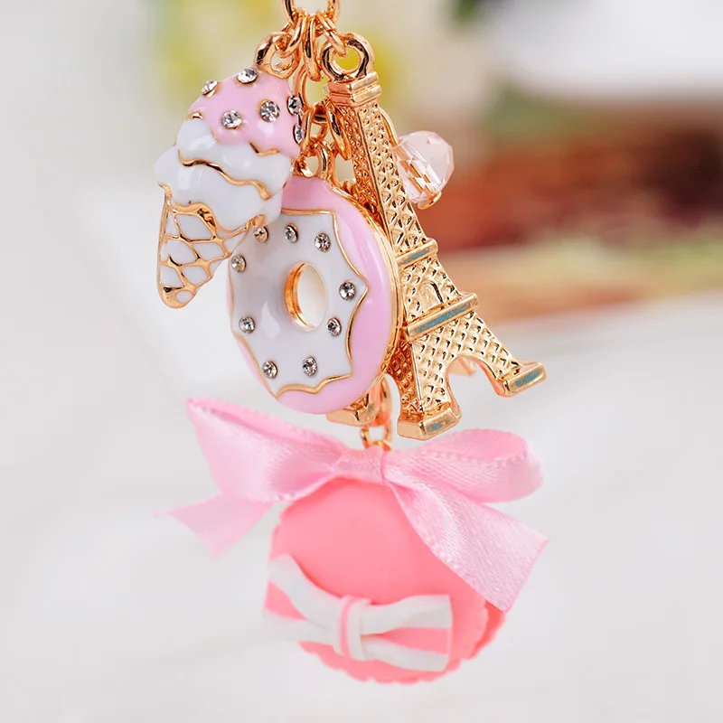 Creative Jewelry Macaron Cake Eiffel Tower Element Pendant Keychains Crystal Keyrings Charms Gift For Women