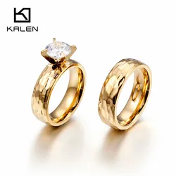 Kalen-婚約,結婚式,誕生日,記念日のためのステンレス鋼と金の金属のリング