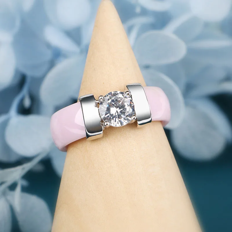 New Pink White Black Ceramic Rings Plus Cubic Zirconia For Women Stainless Steel Women Wedding Ring Engagement Jewelry Black