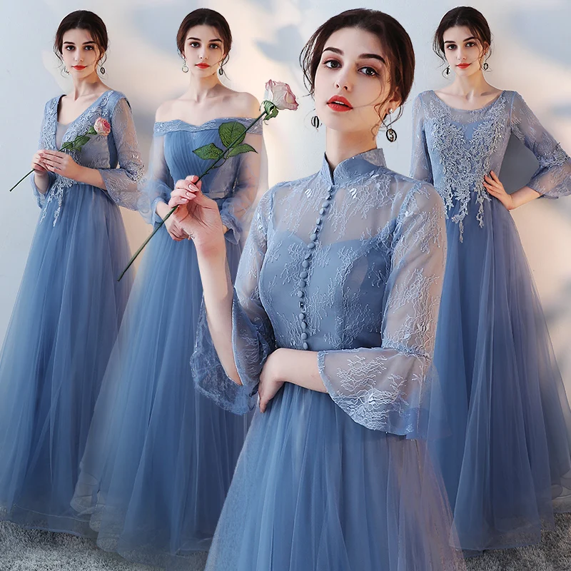 S0100 Nach Maß Schöne Stickerei Spitze Tüll Blau Lange Brautjungfer Kleider Frauen Prom Zeremonie Party Kleid Mädchen Formalen Kleid