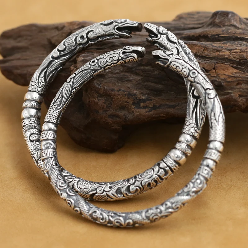 

NEW! Real 999 Silver Dragon Bangle Vintage 999 Silver Dragon Cuff Bracelet Pure Silver Lovers' Bangles