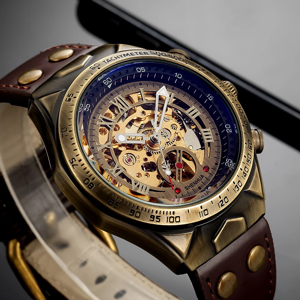 SHENHUA Motorcycle New Design Transparent Genuine Bronze Belt Waterproof Skeleton Men Automatic Watches Top Brand Luxury Clock