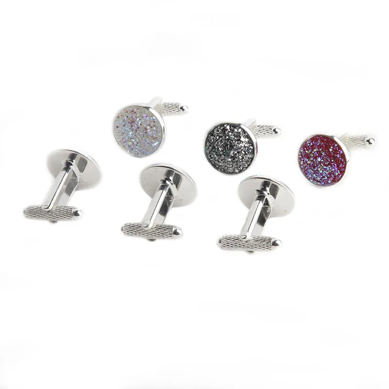 Simple Luxury Colorful Drusy Stone Cufflinks for Men Women Round Rhinestone Cuff links Novelty Shirt Sleeve Buttons Accessories