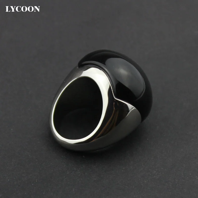 LYCOON Fashion 316L Stainless steel smooth polishing big black stone rings ball shape Onyx stone for woman luxury ring