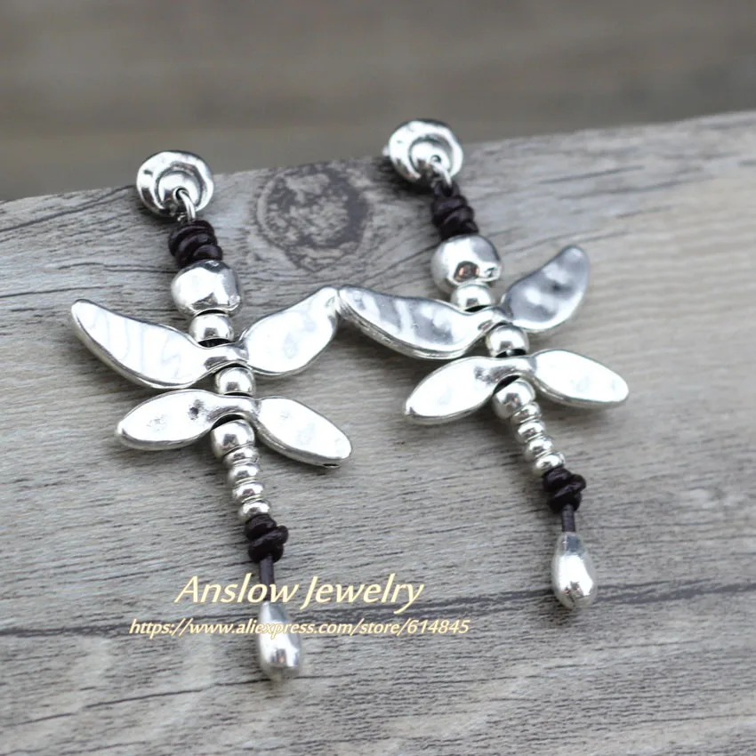 Anslow Fashion Jewelry New Arrivals Items Dragonfly Antique Silver Plated Leather Earring For Woman Mothe's Day Gift  LOW0095E