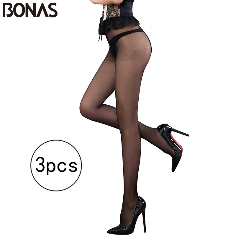 BONAS 3pcs/lot 15D Summer Nylon Tights Women Fashion T Crotch Slim Cotton Pantyhose Elasticity Solid Color Female Fashion Tights