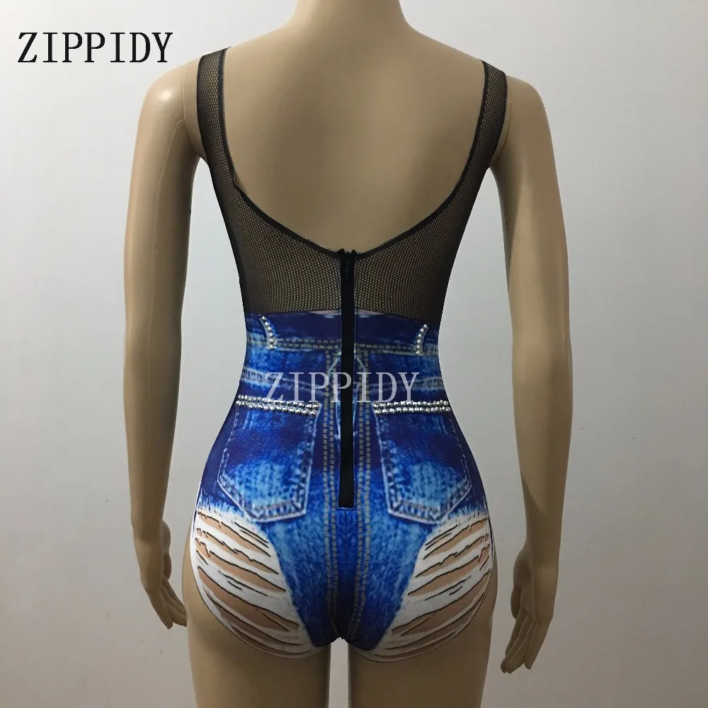 Sexy Print Jeans Skinny Stretch Bodysuit Women Outfit Party Bar Dj Singer Leotard Dance Occasion Stage Wear Performance Costume