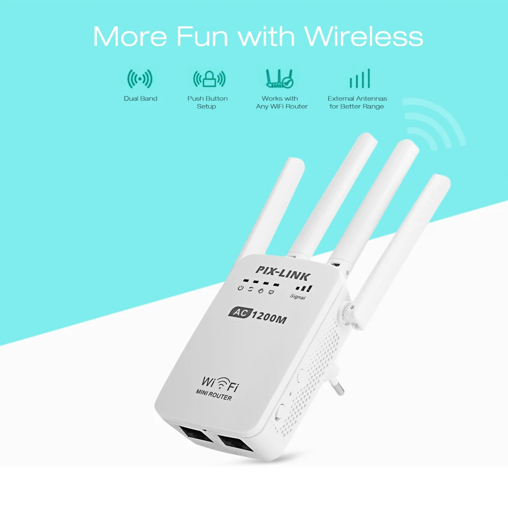 

PIXLINK AC1200 WIFI Repeater/Router/Access Point AP Wireless Range Extender Wi-Fi Signal Amplifier with 4 External Antennas