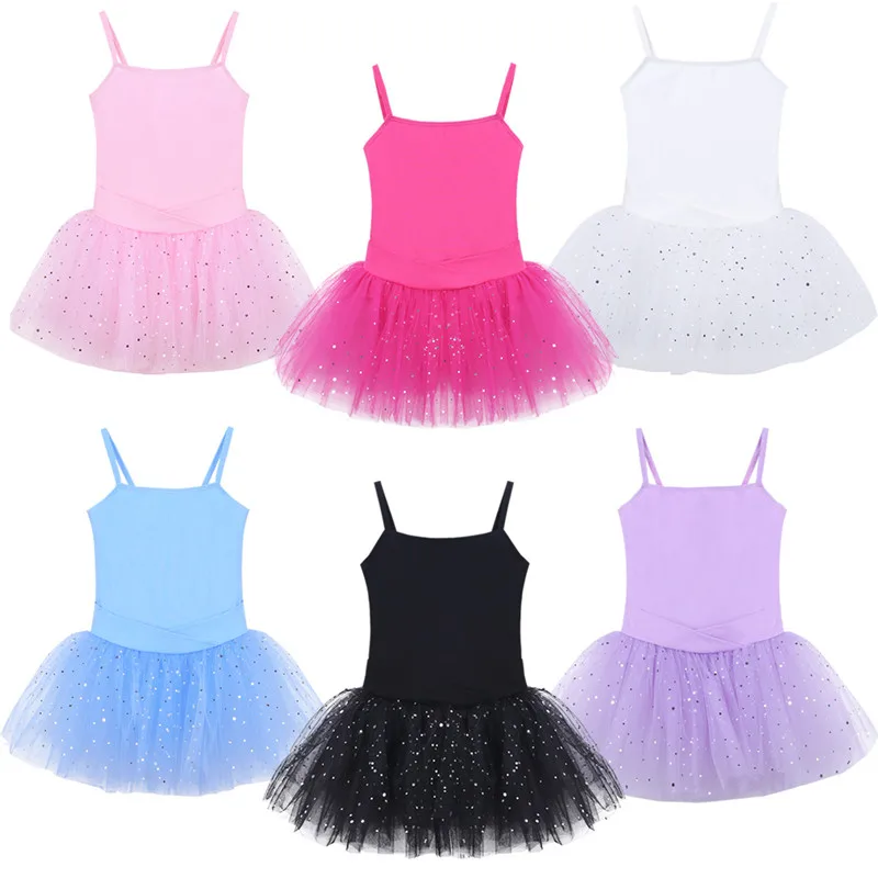 Kids Children Girls Sleeveless Sequins Tulle Ballet Dance Gymnastics Leotard Tutu Dress for Ballet Class Performance Exercise