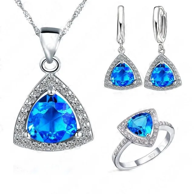 

Blue Jewelry Sets Fat Triangle Cubic Zirconia Stone 925 Sterling Silver Needle Earrings Pendant Necklaces Finger Rings US6-9