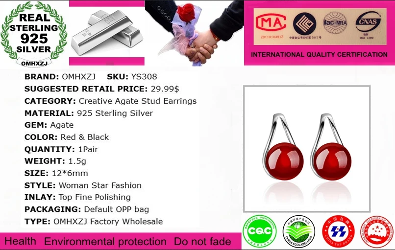 OMH Wholesale Jewelry Simple Fashion joker Creative Woman Bride Gift Red Black  925 Sterling Silver Stud Earrings YS308