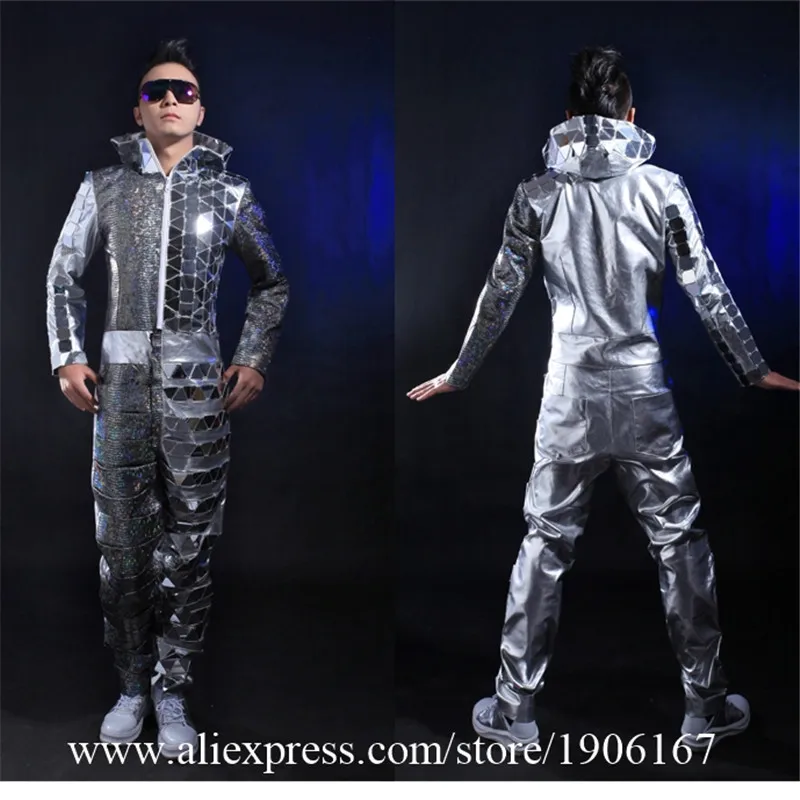 

Fashion Men Silver Color Stage Ballrooom Costume Mirror Man Clothing Party Christmas Performance DJ Singer Clothes Dance Suit