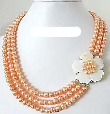 

FREE SHIPPING HOT sell new Style 3 Rows Real Pink Pearl White Shell Flower 18KWGP Clasp Necklace