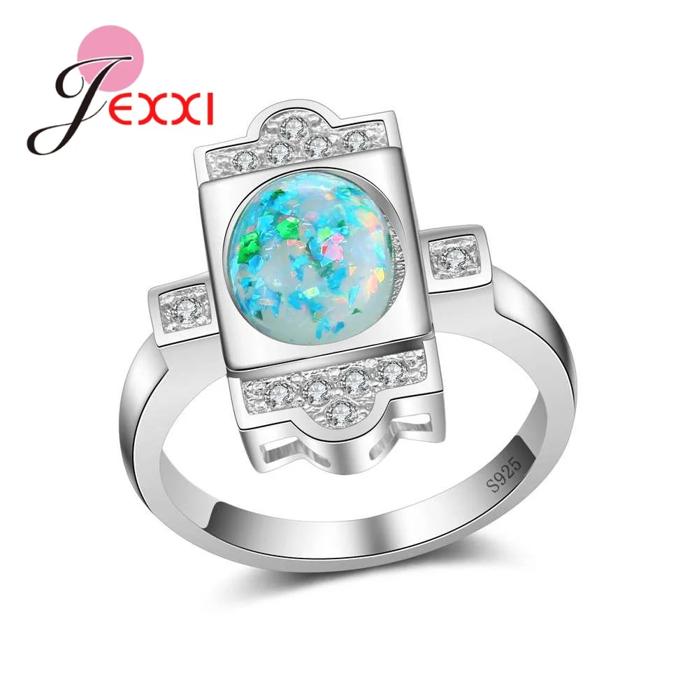 Unique Design Round Blue Fire Opal Stone 925 Sterling Silver Color Rings Inlay Luxury AAA Zircons Women Wedding Promise Rings