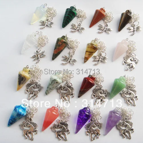 

(Min.order 10$ mix) 16pcs/lot Wholesale mixed nature stonePendulum with tibetan animal semi-precious jewelry pendant bead