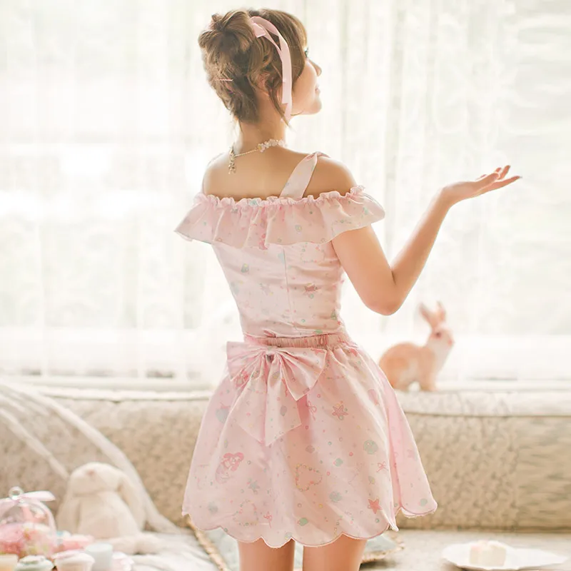 Princess sweet lolita skirt set Candy Rain summer refresh Japanese style cute off shoulder pink tops bow skirt set C16AB6108