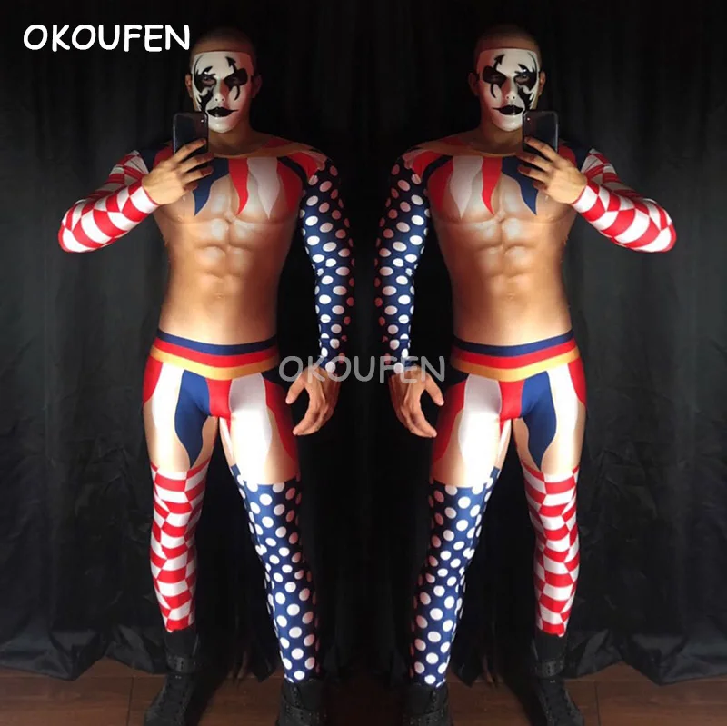 

Bar nightclub male singer DS 3D fake muscle abdominal muscles clown stitching theme party show stage performancecostume