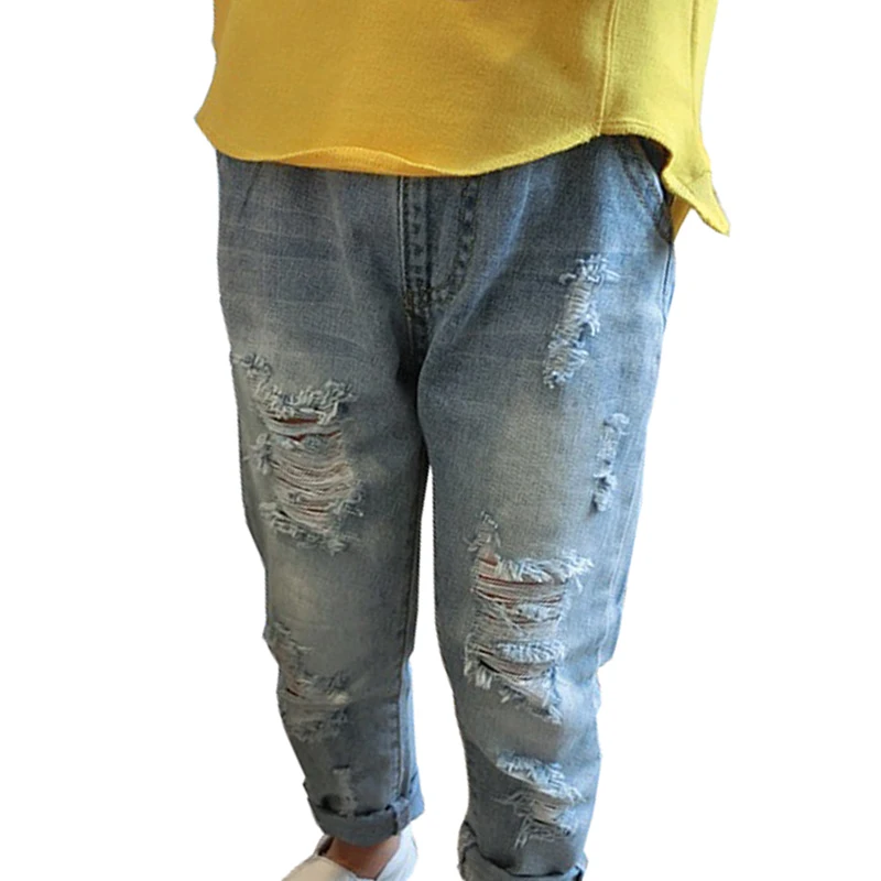 Spring Autumn Girls Ripped Jeans Spring Summer Korean Style Trend Denim Trousers for Boys Children Distrressed Hole Pants