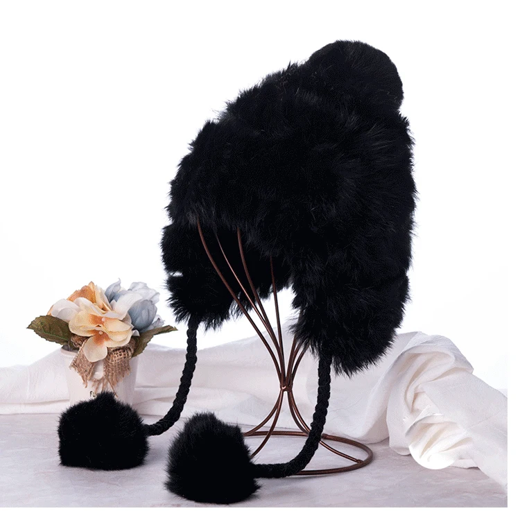 

Luxury Autumn Winter Women's Genuine Real Knitted Rex Rabbit Fur Hats Handmade Lady Warm Caps Female Beanies Headgear