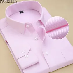 Men's Regular Fit Twill Texture Formal Shirt Slim Fit Long Sleeve Spread Collar Dress Shirt Pink Cotton High-quality Chemise 8XL