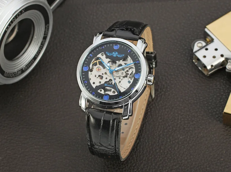 T-WINNER Brand New Watches Men Hollow Self-wind Mechanical Wristwatches Movement Classic Black Leather Strap Watch