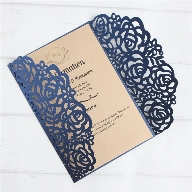 

Loyal blue rose invitations wedding bridal birthday invite retro laser cut champagne insert customized printing 50pcs