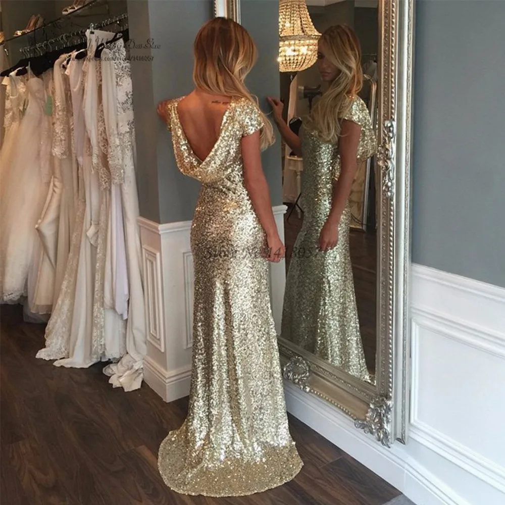 Cheap Gold Sequin Evening Gowns Backless African Mermaid Prom Dresses Formal Women Gowns Cap Sleeve Abendkleider Robe de Soiree