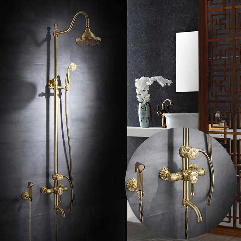 Bath and Shower Mixers Rainfall Shower Faucet Set Wall Mounted with Hand Shower Copper Antique Brass Bathroom Rain Shower Tap