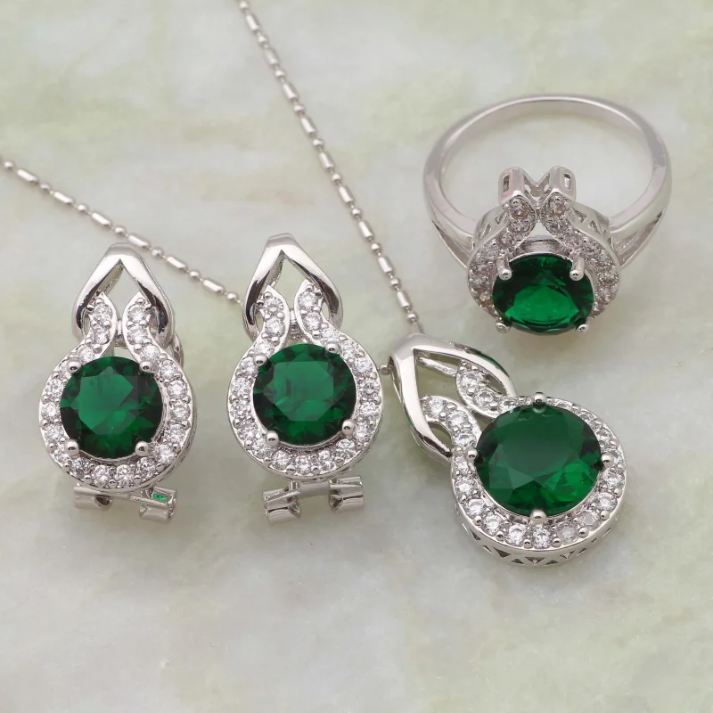 Garilina Fashion Jewelry Sets Luxury Green Stone Silver Plated Pendant/Rings/Hoop Earrings Jewelry Set For Women Girls