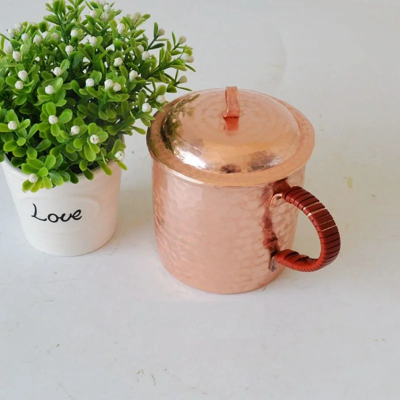 

Handmade Pure Copper Cup Thick Handle Lid Tea Milk Coffee Gift