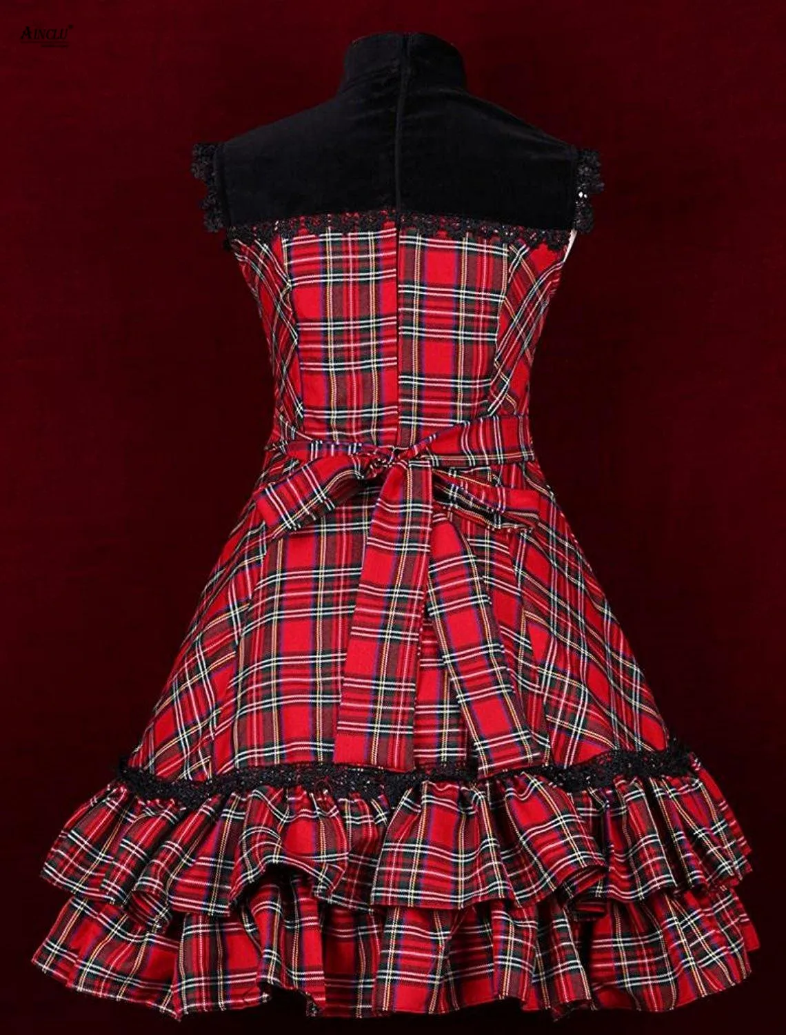 Vestido médio longo feminino vermelho xadrez padrão algodão sem mangas gola clássico linha a vestido lolita para casual/festa/halloween