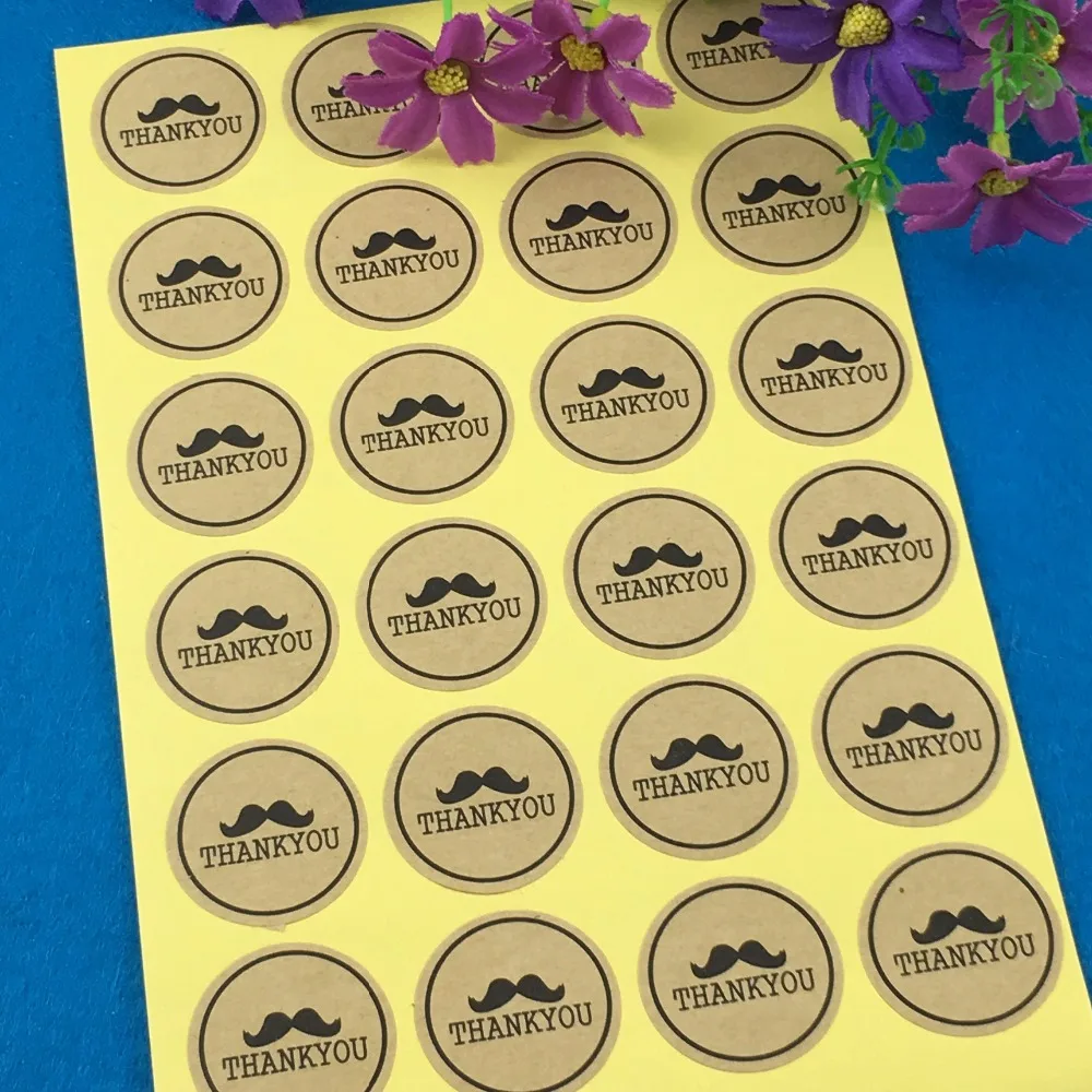 

Fashion 1200PCS/Lot 3cm kraft Printed above "Thank You"and Beard Sticker Labels Adhesive Stickers DIY For Box/gift/envelope